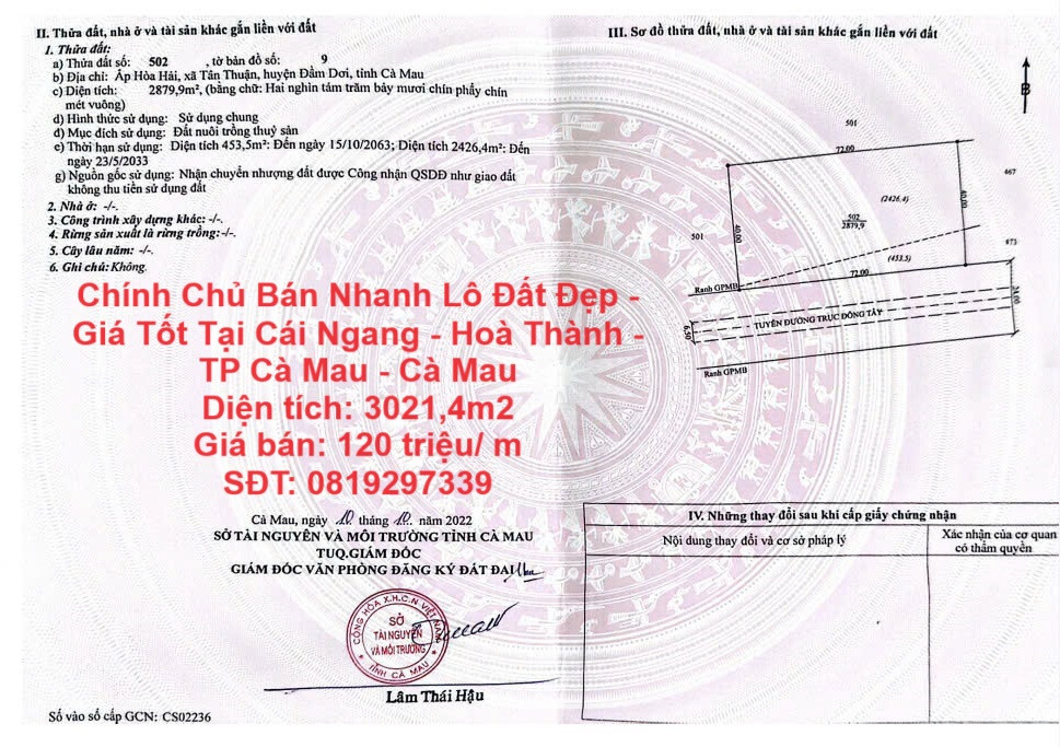 Chính Chủ Bán Nhanh Lô Đất Đẹp - Giá Tốt Tại Cái Ngang - Hoà Thành - TP Cà Mau - Cà Mau