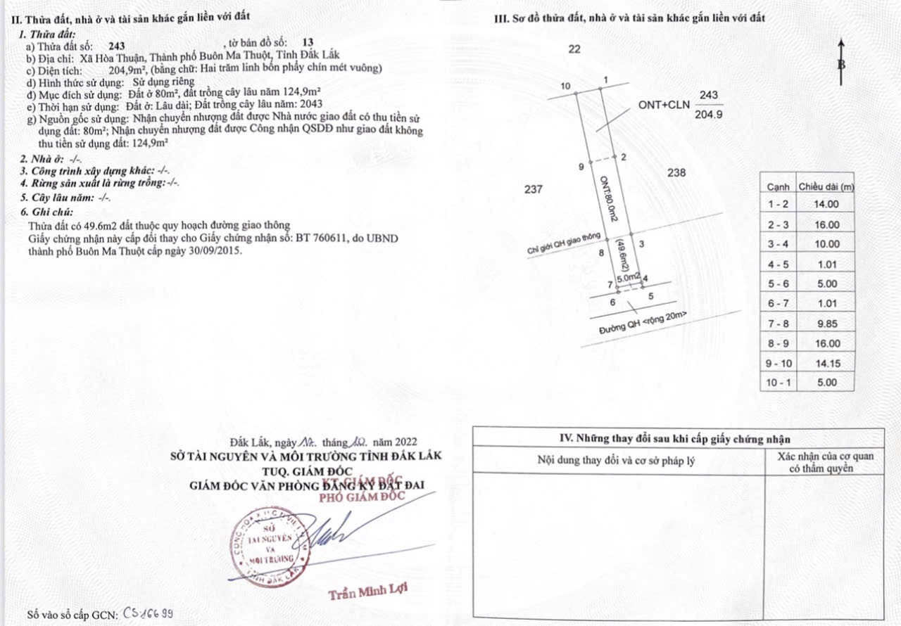 Bán đất 204.9m² 799 triệu tại Xã Hòa Thuận Thành phố Buôn Ma Thuột
