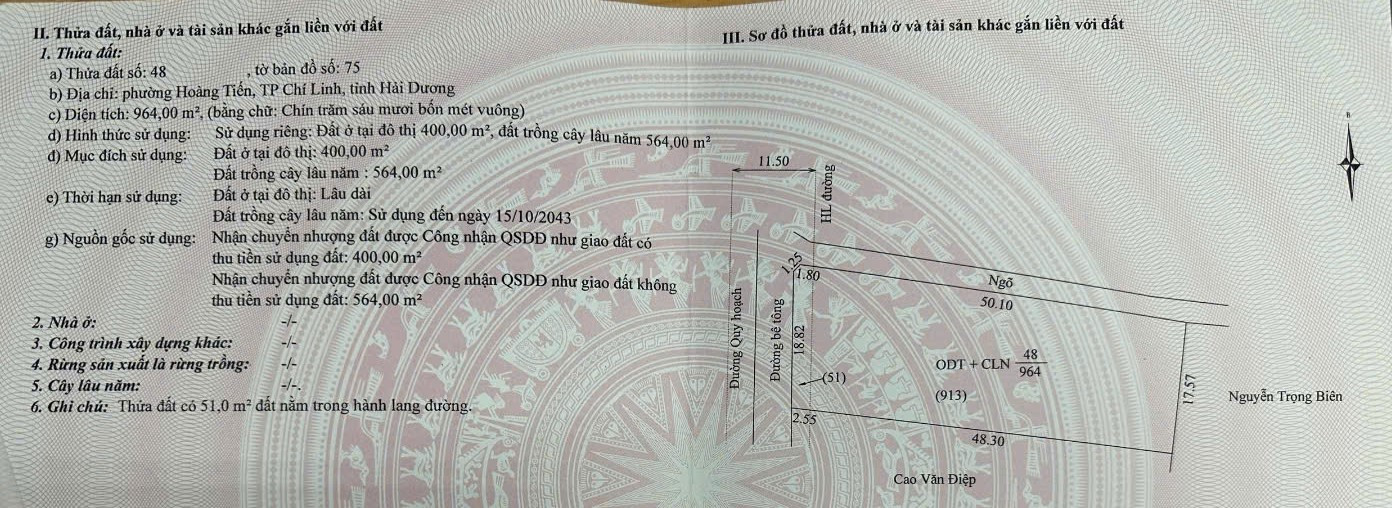 Cần bán 964m2 đất tại kdc Tân Tiến, P. Hoàng Tiến, TP. Chí Linh, Hải Dương.