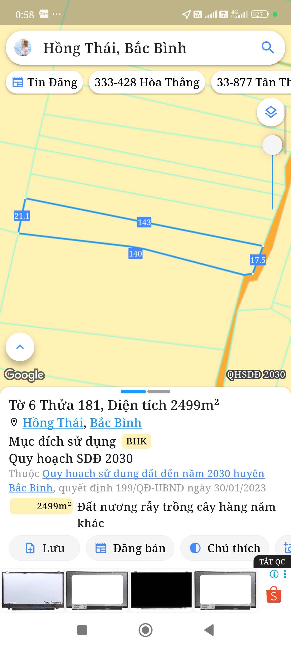 Bán đất 2499,4m² ngang 20m giá 159 triệu tại Xã Hồng Thái