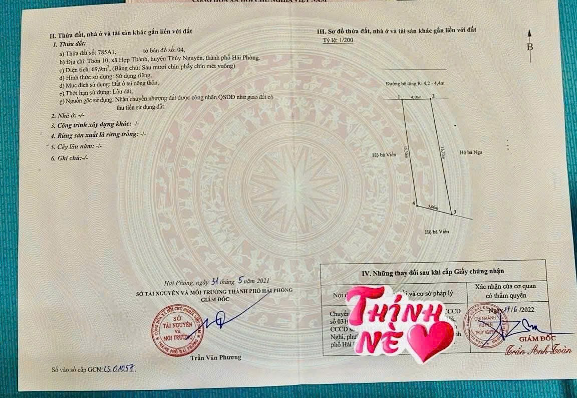 Bán lô rẻ kịch sàn tại xã hợp thành Thủy Nguyên dt 69m ngang 4 giá chỉ 7xxtr lh ngay 0382341632 em Liên