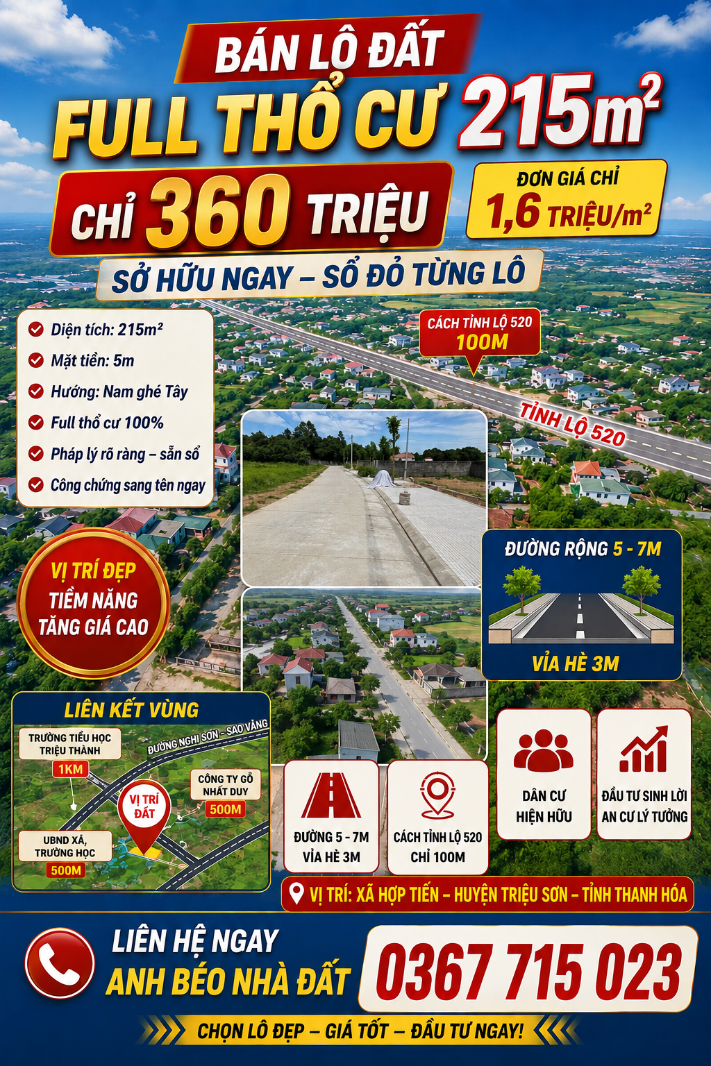 🔥 CHỈ 360 TRIỆU SỞ HỮU NGAY LÔ ĐẤT FULL THỔ CƯ 215M² 🔥