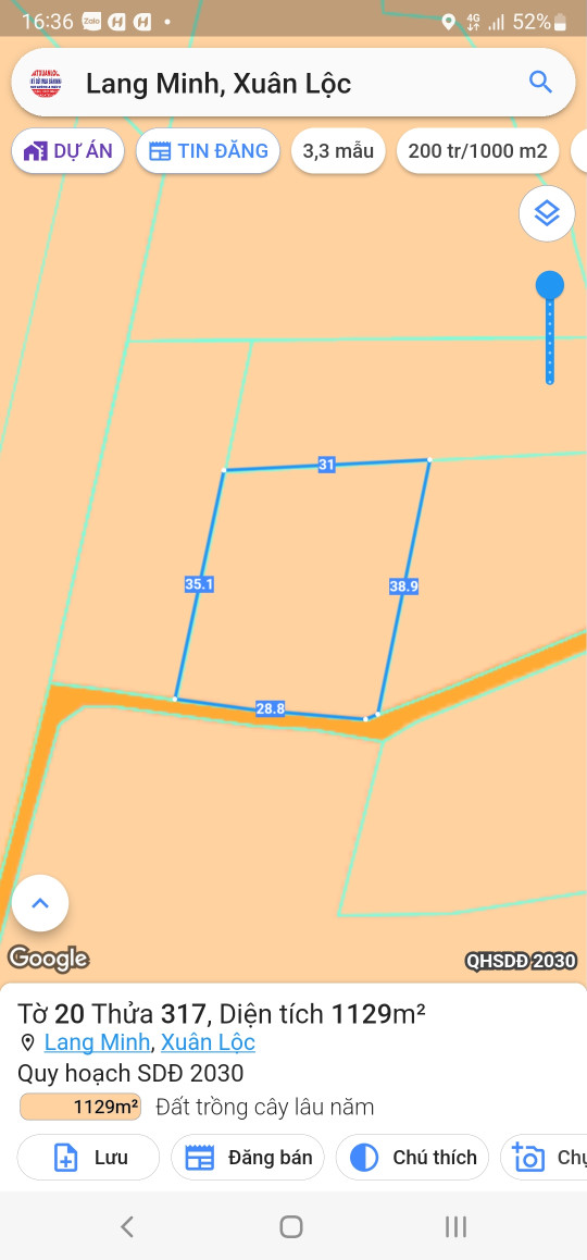Bán đất 1129.2m² ngang 28,8 m mt giá 690 triệu tại Xã Lang Minh Huyện Xuân Lộc