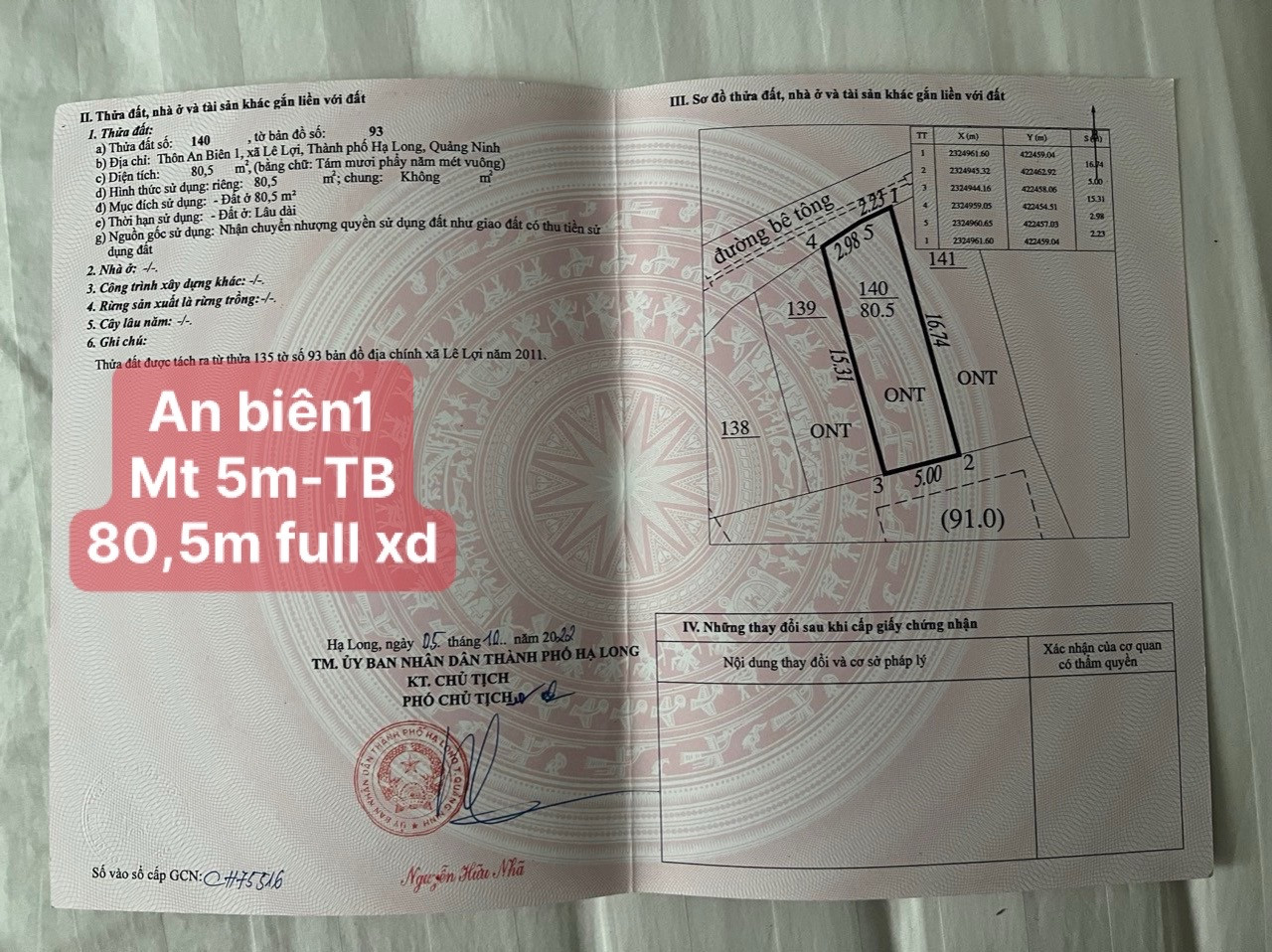 ĐẤT THỔ CƯ XÃ LÊ LỢI - TP HẠ LONG