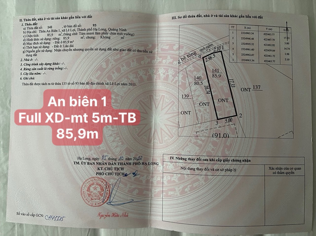 ĐẤT THỔ CƯ XÃ LÊ LỢI - TP HẠ LONG
