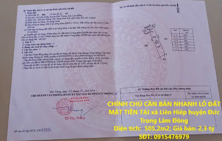 CHÍNH CHỦ CẦN BÁN NHANH LÔ ĐẤT  MẶT TIỀN TẠI xã Liên Hiêp huyện Đức Trọng Lâm Đồng
