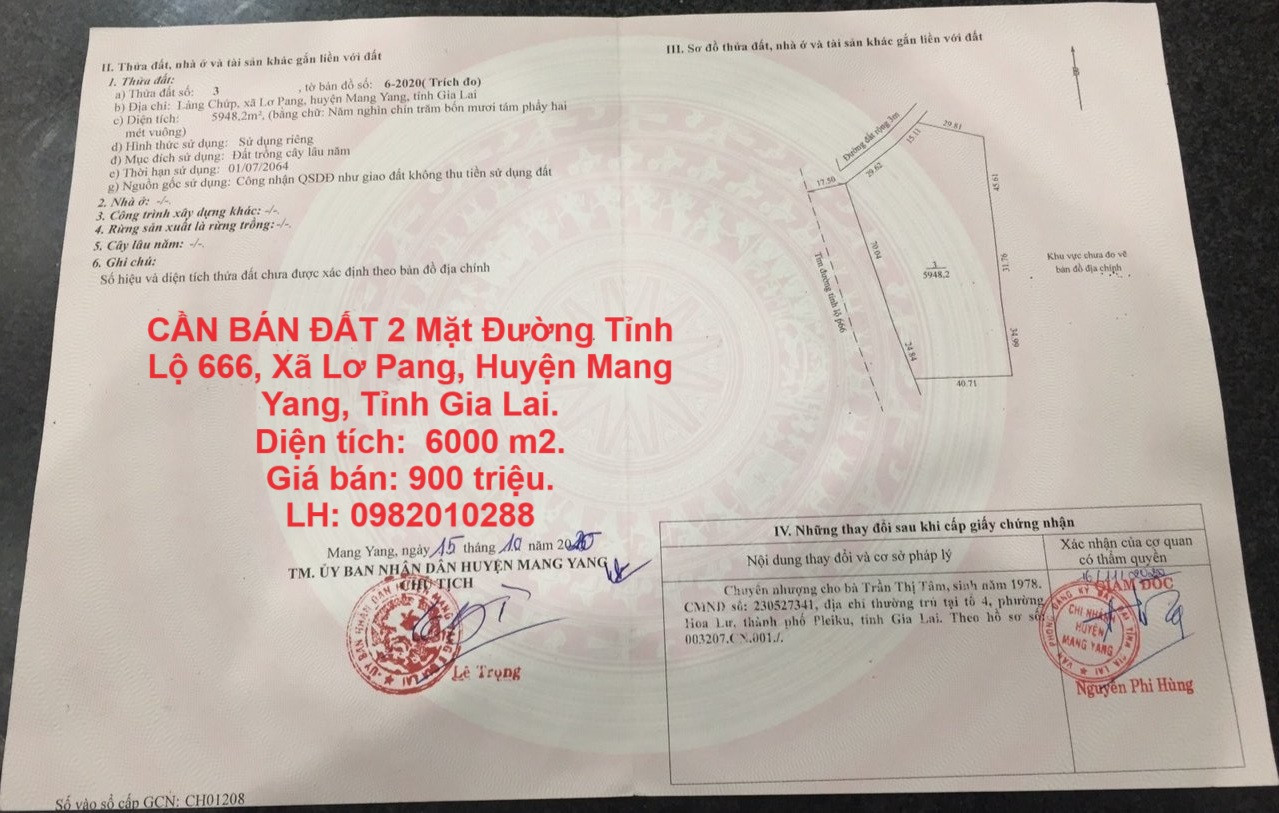 CẦN BÁN ĐẤT 2 Mặt Đường Tỉnh Lộ 666, Xã Lơ Pang, Huyện Mang Yang, Tỉnh Gia Lai.