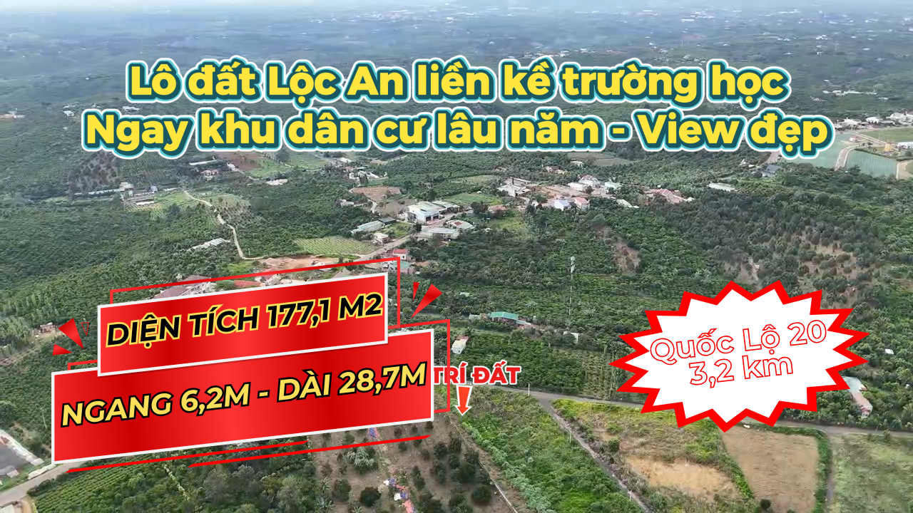 Bán đất Lộc An Bảo Lâm.Diện tích 177 m2.Ngang 6,2m x 27m.Cách Quốc lộ 20 chỉ 3km.Giá 870 tr
