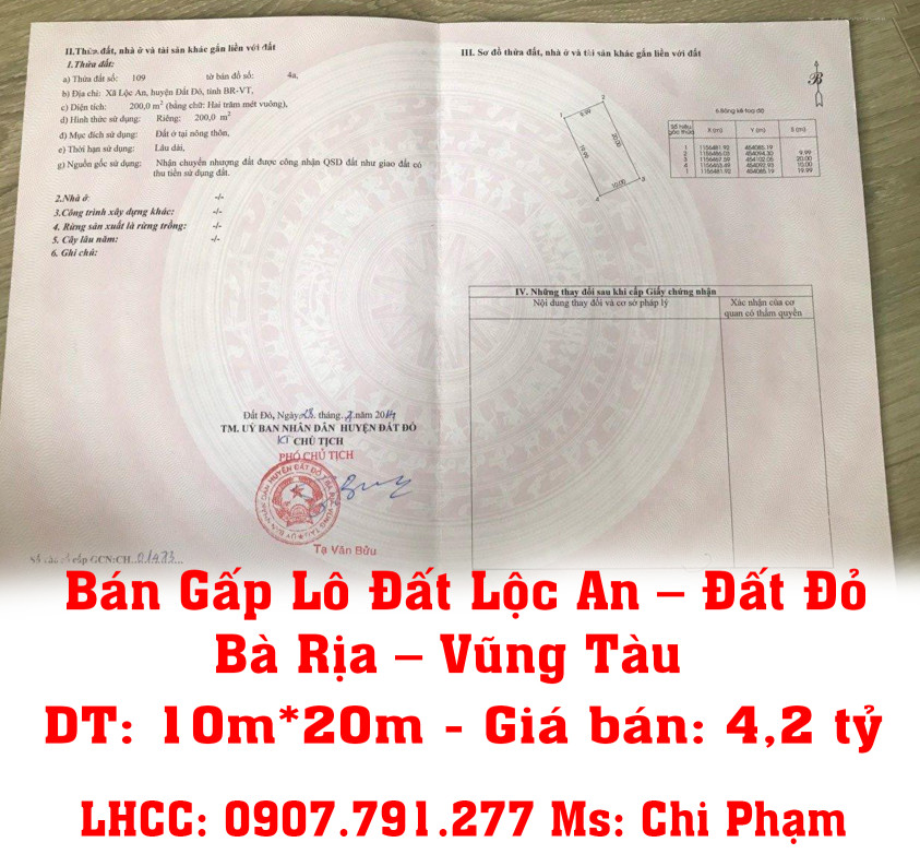 Chính Chủ Bán Gấp Lô Đất Lộc An – Đất Đỏ – Bà Rịa – Vũng Tàu.