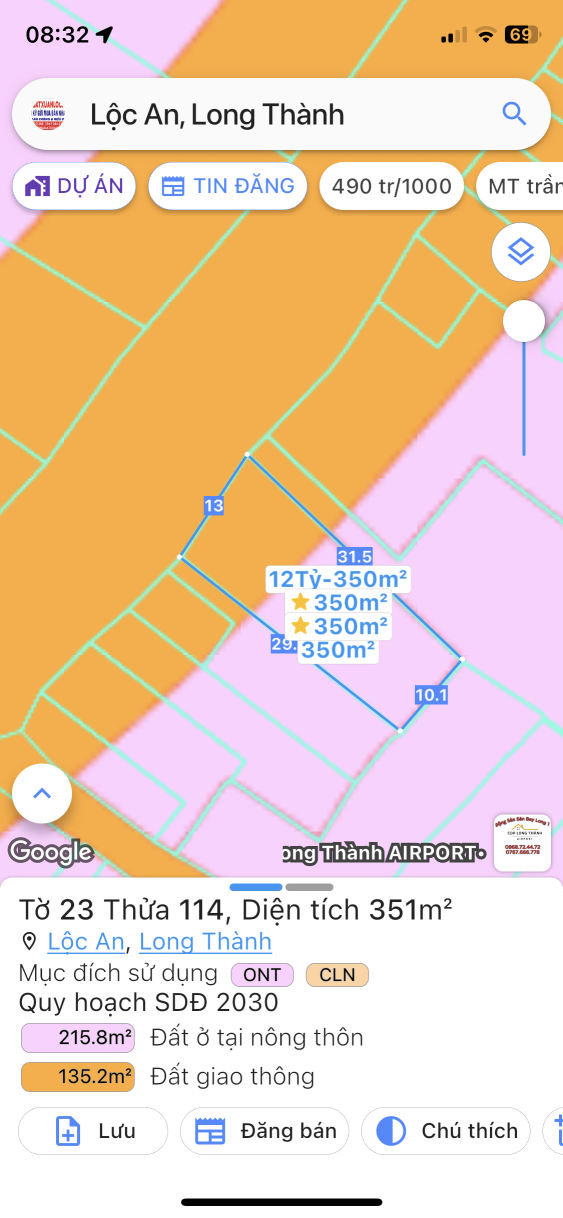 Bán đất 351m² 12 tỷ tại Xã Lộc An Huyện Long Thành