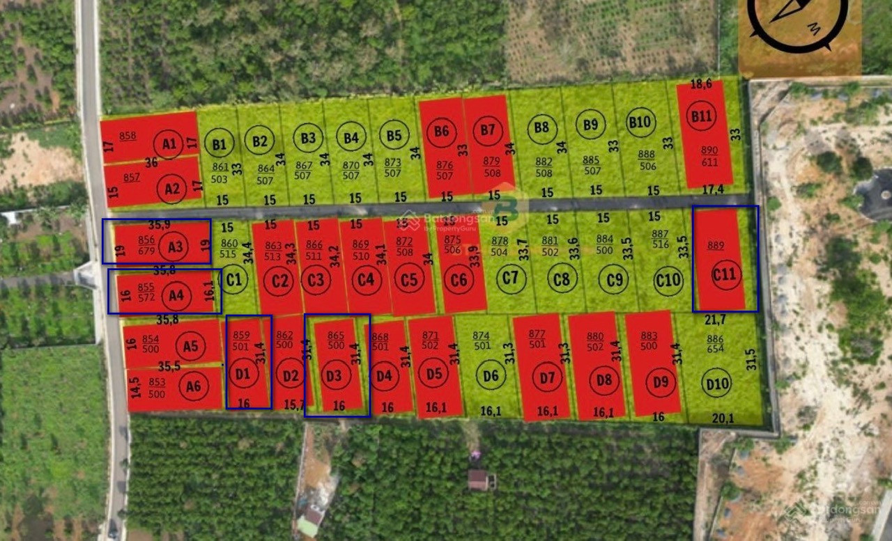 2 lô D1,D3 diện tích 500m2 có 200ms thổ cư giá chủ 1 tỷ 5