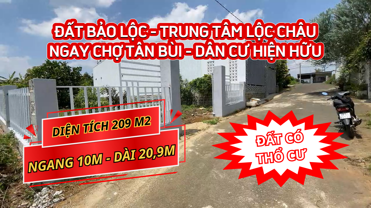 Bán đất đường Trần Phú Bảo Lộc. Ngay chợ Tân Bùi. Diện tích 209m2. Chiều ngang 10m. Sổ sẵn