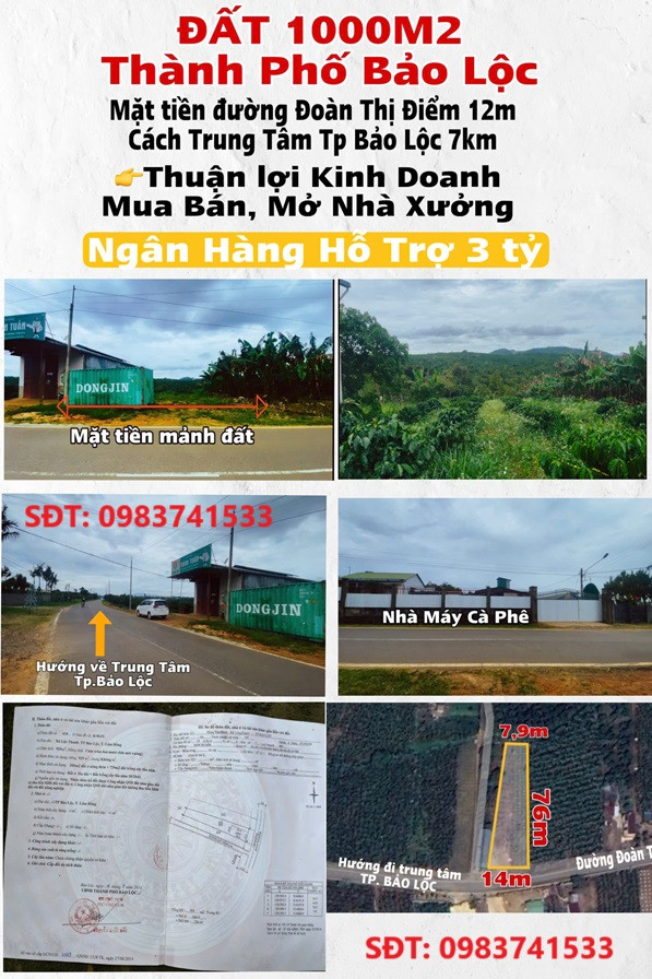 CẦN BÁN LÔ ĐẤT MẶT ĐƯỜNG đường Đoàn Thị Điểm,TP Bảo Lộc Lâm Đồng