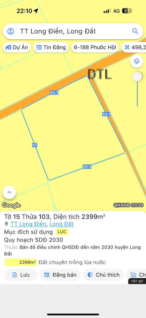 Bán đất 2398.5m² ngang 45,7m giá 750 triệu Xã Long Điền
