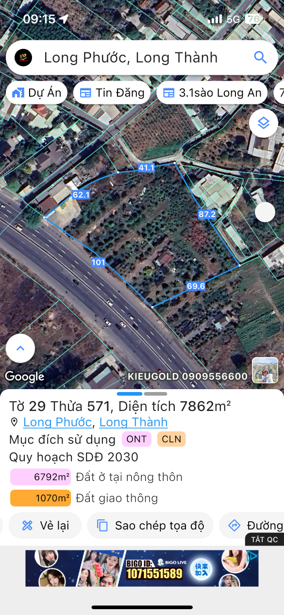 Bán đất 7862.4m² ngang 100m giá 1 tỷ Xã Long Phước