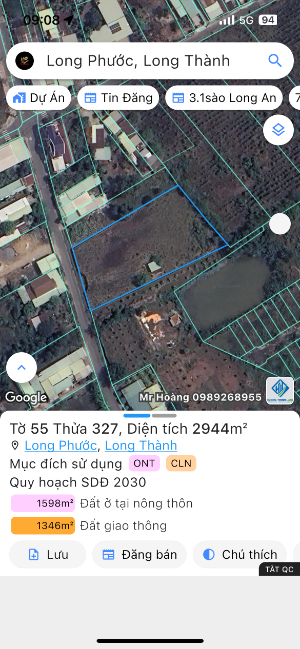 Bán đất 2943.7m² ngang 36m giá 11 tỷ Xã Long Phước