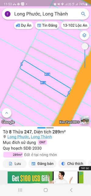 Bán đất 289.4m² ngang 5m giá 9 tỷ Xã Long Phước
