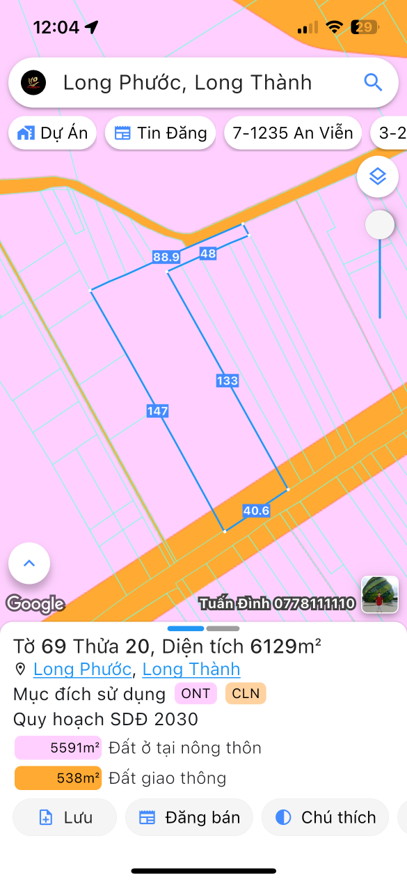 Bán đất 6128.9m² ngang 40m giá 36 tỷ tại Xã Long Phước Huyện Long Thành