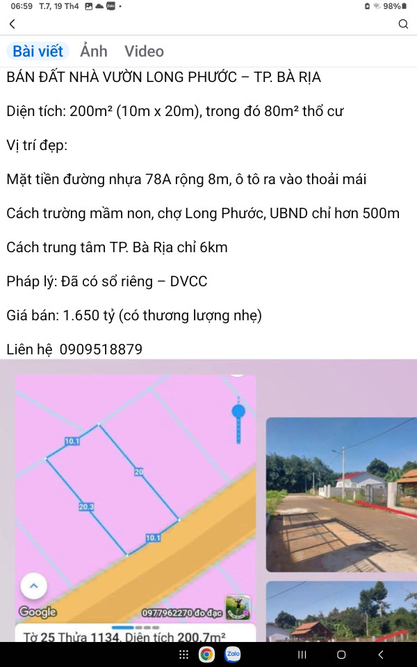 Bán đất mặt tiền đường nhựa rộng 7 m xã Long Phước thành phố Bà Rịa
