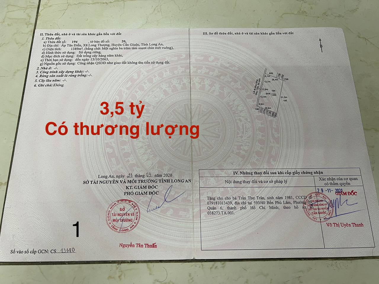 Bán đất 1389m² 3.5 tỷ tại Xã Long Thượng Huyện Cần Giuộc