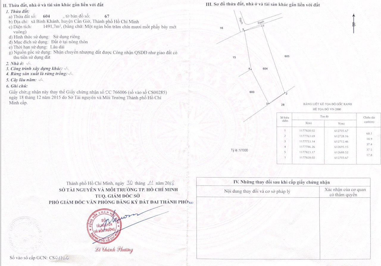 Cần bán lô đất 1491,7m2 tại xã Bình Khánh- giá 1tr/m2