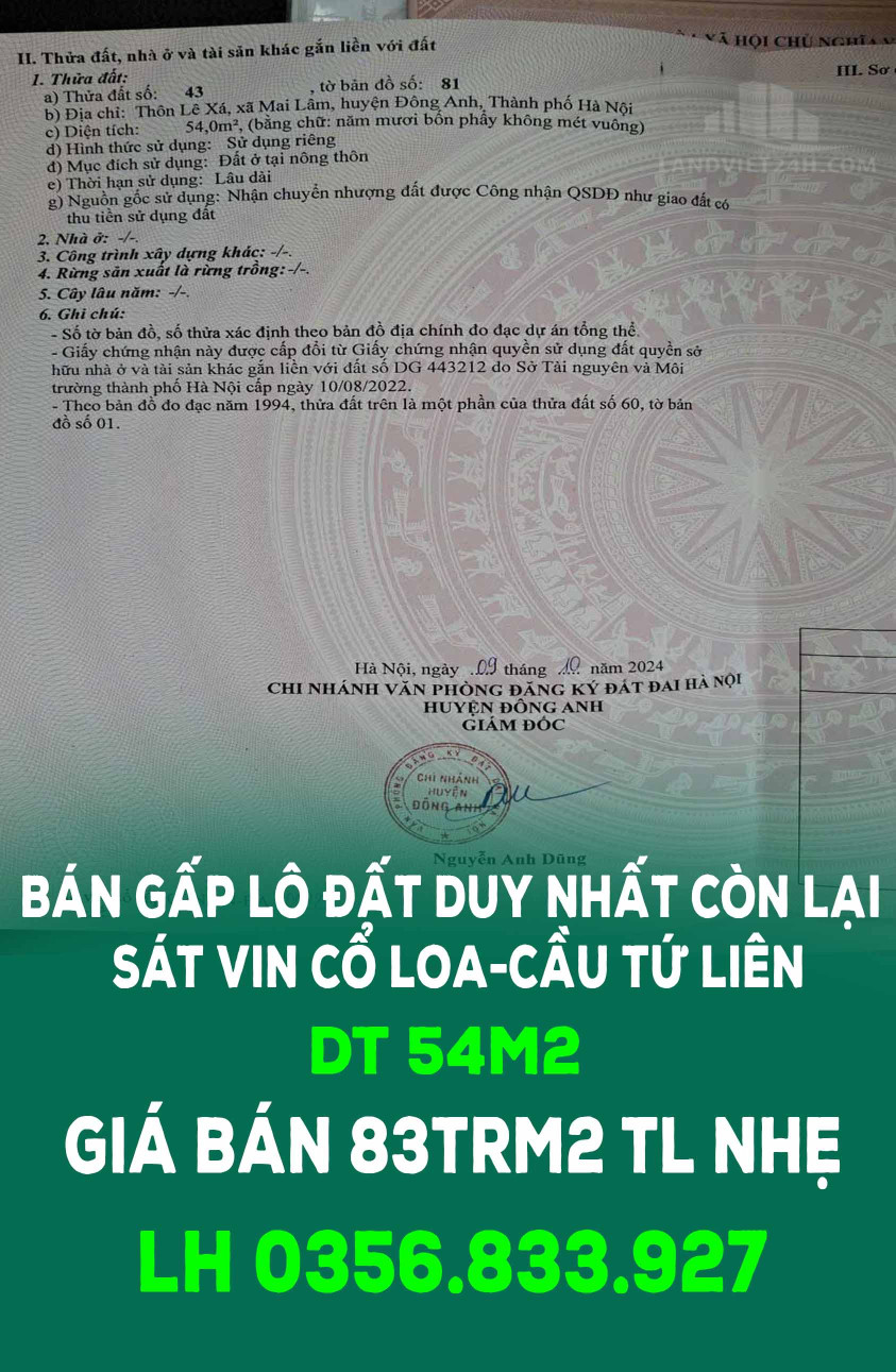 CHÍNH CHỦ BÁN GẤP LÔ ĐẤT DUY NHẤT CÒN LẠI SÁT VIN CỔ LOA-CẦU TỨ LIÊN