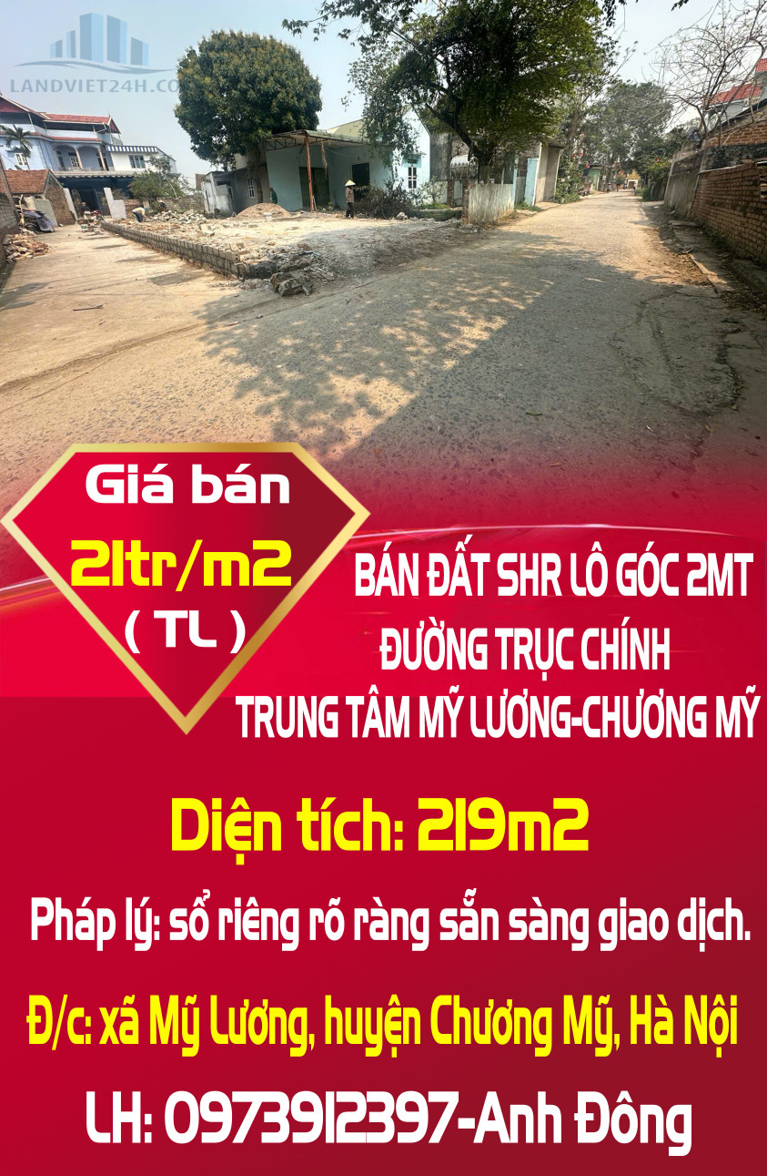 BÁN ĐẤT SHR LÔ GÓC 2MT ĐƯỜNG TRỤC CHÍNH TRUNG TÂM MỸ LƯƠNG-CHƯƠNG MỸ