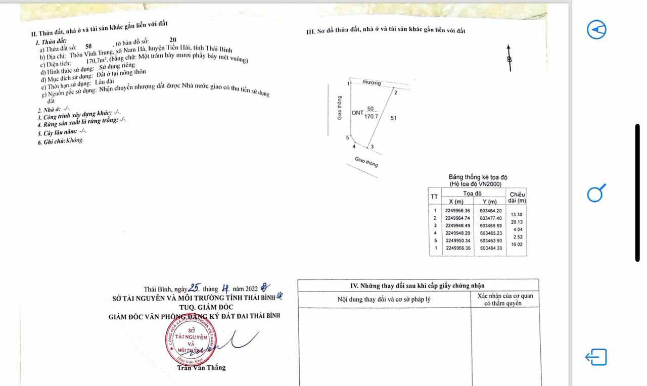 Chính Chủ Bán Nhanh Lô Đất 2 Mặt Tiền 170,7m2 tại Thôn Vĩnh Trung, Xã Nam Hà, Huyện Tiền Hải, Thái Bình