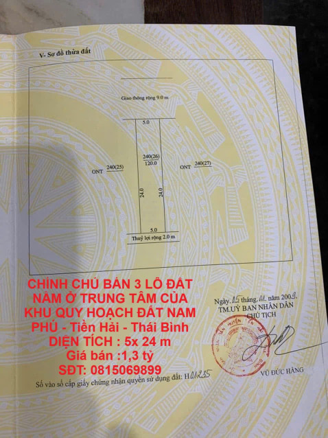 CHÍNH CHỦ BÁN 3 LÔ ĐẤT NẰM Ở TRUNG TÂM CỦA KHU QUY HOẠCH ĐẤT NAM PHÚ - Tiền Hải - Thái Bình