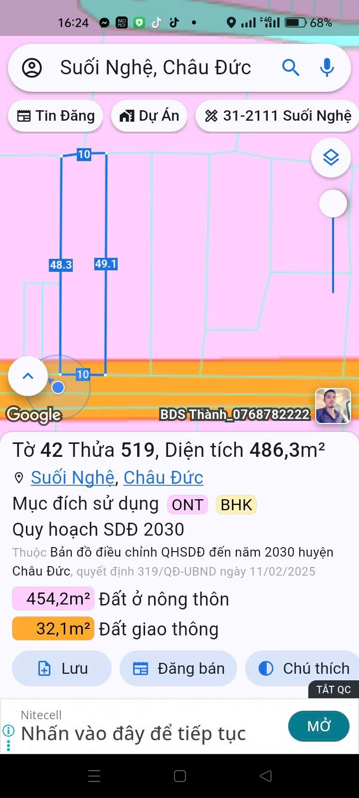 Bán đất 486.3m² có sẵn 100m² thổ cư ngang 10m giá 2.55 tỷ tại Xã Ngãi Giao