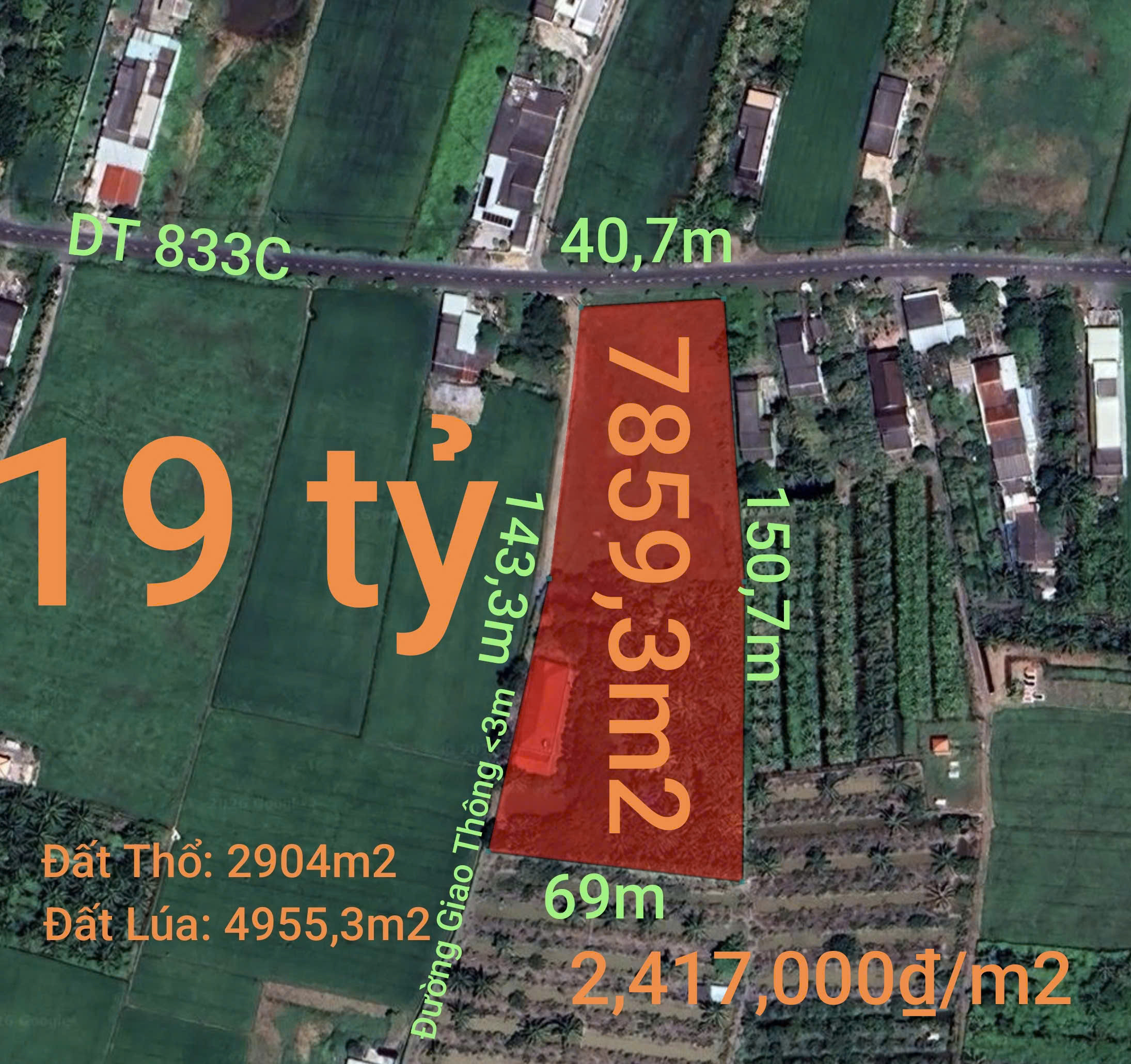 Bán đất 7859,3m² có sẵn 2904m² thổ cư ngang 40m giá 19 tỷ tại Xã Nhựt Tảo