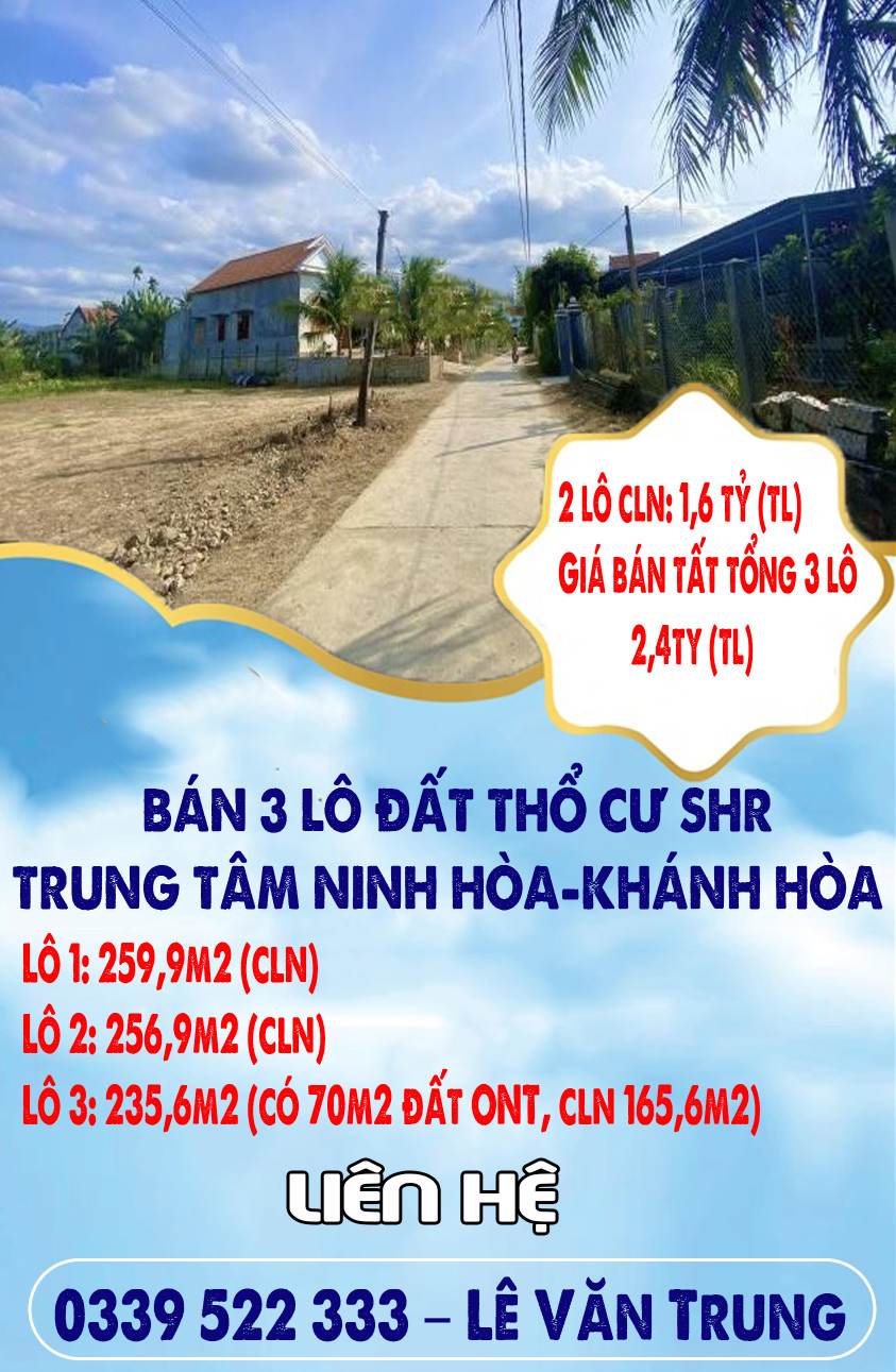 BÁN 3 LÔ ĐẤT THỔ CƯ SHR TRUNG TÂM NINH HÒA-KHÁNH HÒA