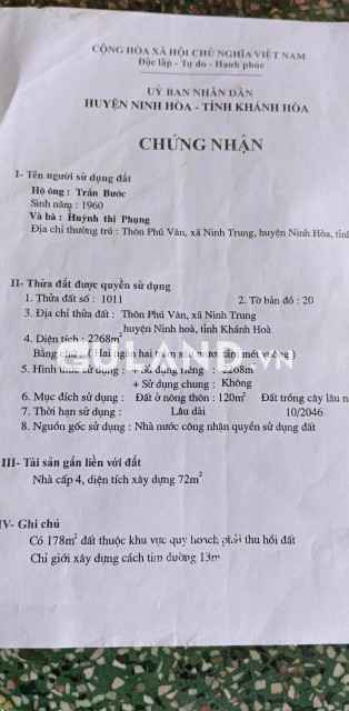 Mặt tiền đường liên xã Phú Văn Ninh Trung, 6x30-60 thổ, qh đường 13m