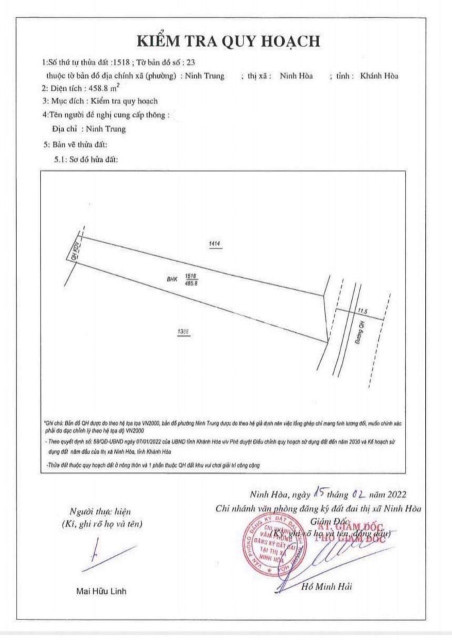 Đất giá rẻ Ninh Trung, 485m2 (QH full thổ cư) ngang 8m, dài 60m, đất CHN đã xin đăng ký full thổ
