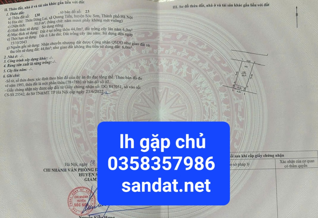 Bán đất 50m² ngang 4.5m giá 1.9 tỷ Xã Nội Bài