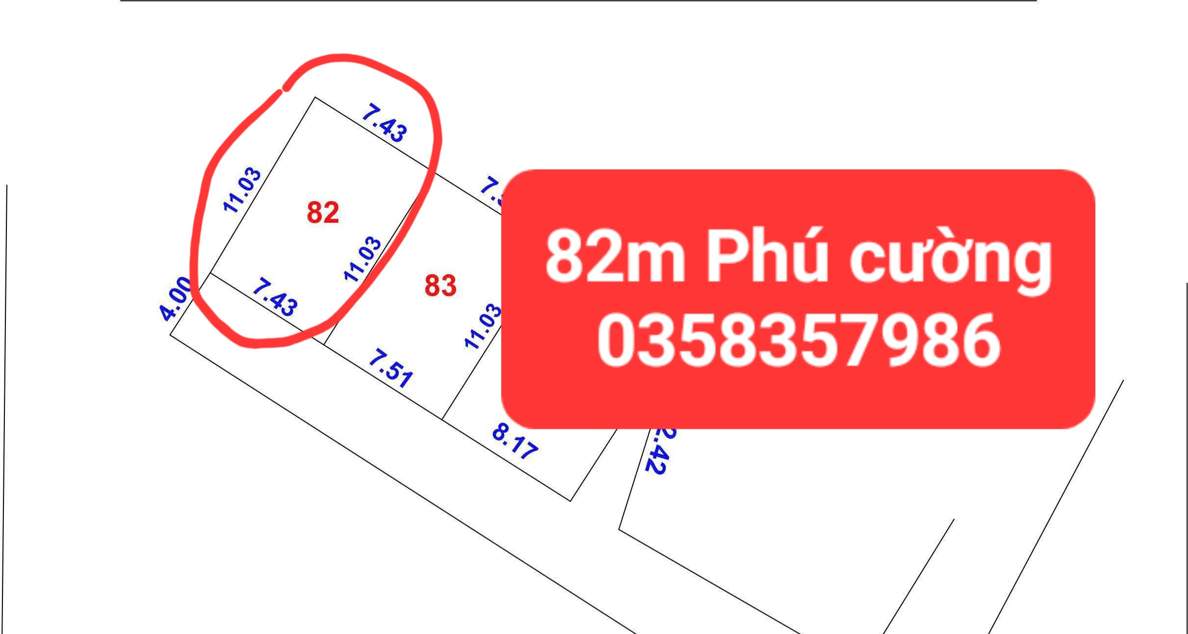 Bán đất 82m² full thổ cư ngang 7.43m giá 2.85 tỷ tại Xã Nội Bài