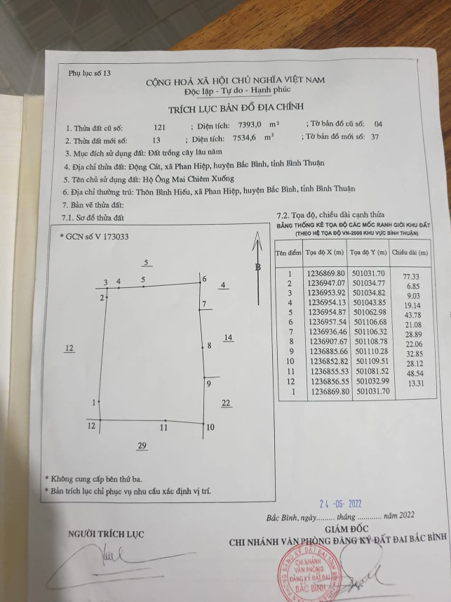 Bán đất 7534m² 379 triệu tại Xã Phan Hiệp Huyện Bắc Bình
