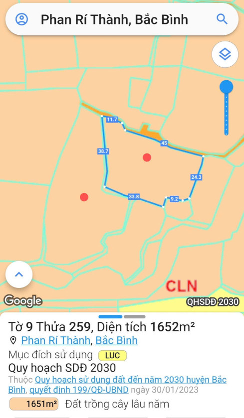Bán miếng đất 1652.4m² ,gần cây xăng Kim Tài, 110 triệu tại Xã Phan Rí Thành Huyện Bắc Bình