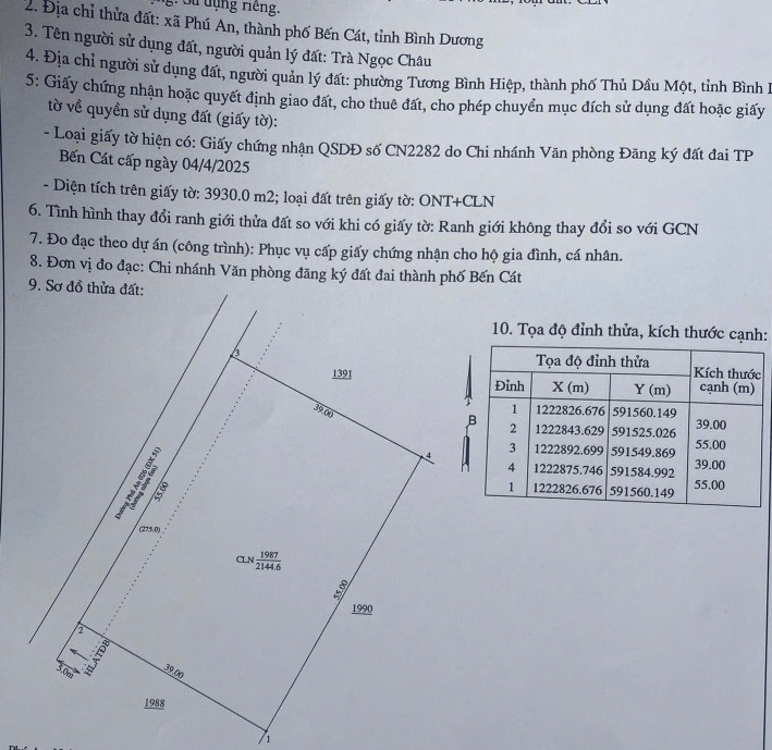 Bán đất Phú An Bến Cát 55x39 phù hợp phân lô làm nhà vườn