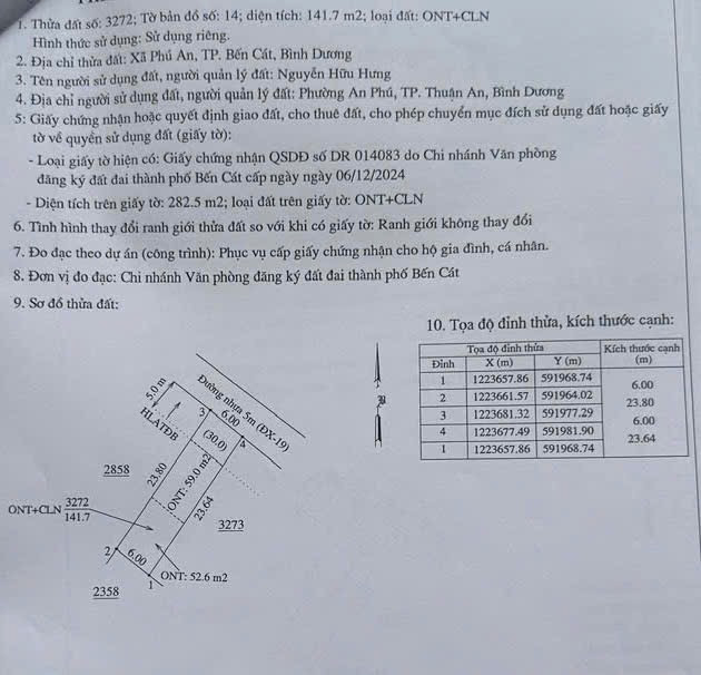 Bán đất Phú An Bến Cát đường nhựa 6m giá 1ty550