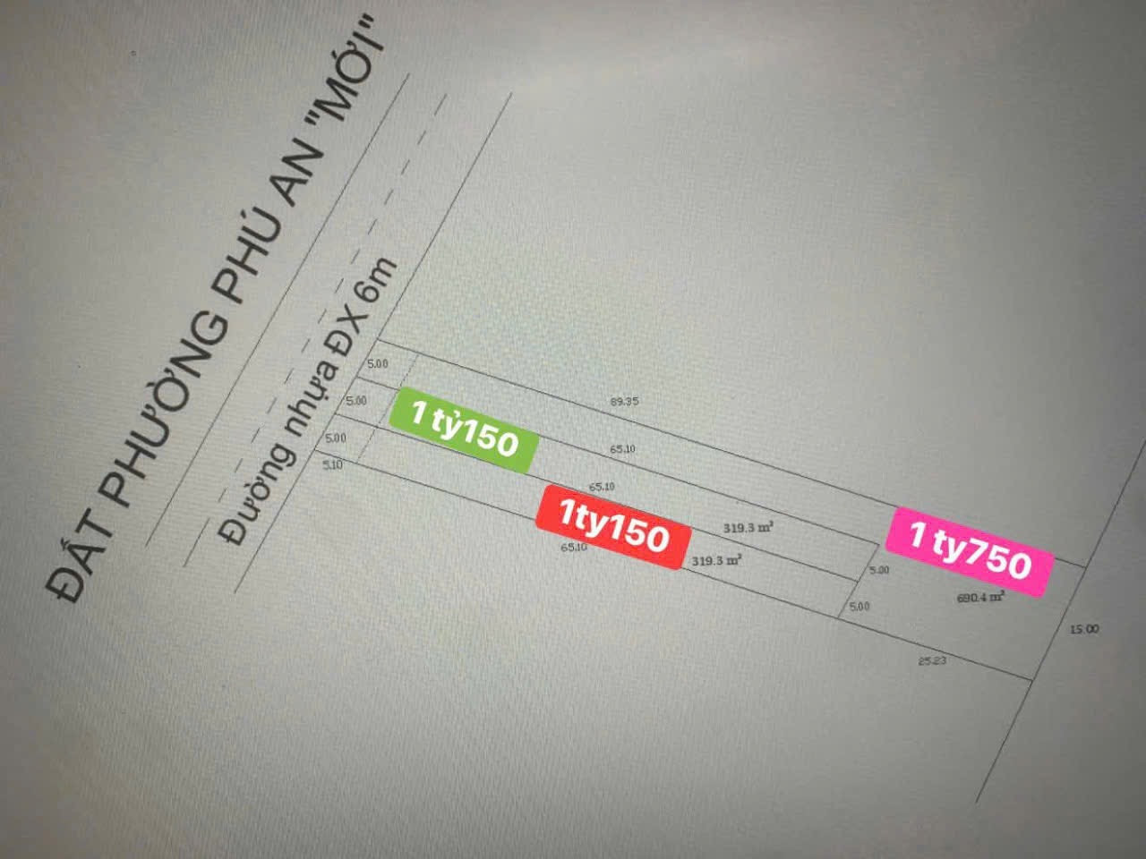 Bán đất Phú An Bến Cát nhựa 6m thông 5x65m giá 1ty150