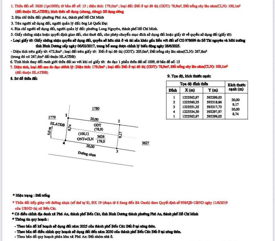 Bán đất Phú An gần ngã tư Phú Thứ 20x9m giá 1ty200