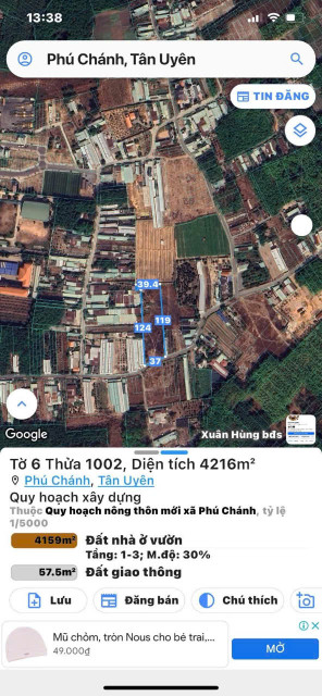 Bán đất 4217.1m² 21 tỷ tại Xã Phú Chánh Thị xã Tân Uyên ngang 37 x 119 có 600m2 thổ cư