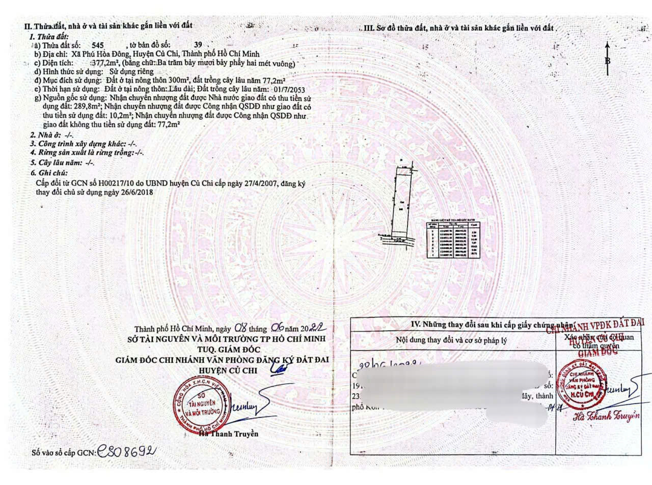 (L764) Đất (có nhà) xã Phú Hòa Đông, dt 377m2, thổ cư 300m2, giá 3 tỷ 100