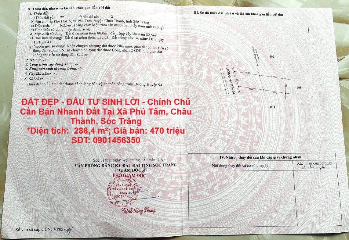 ĐẤT ĐẸP - ĐẦU TƯ SINH LỜI - Chính Chủ Cần Bán Nhanh Đất Tại Xã Phú Tâm, Châu Thành, Sóc Trăng
