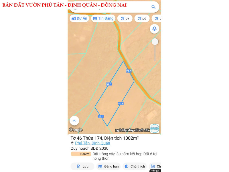 Bán đất vườn Phú Tân - Định Quán giá 790tr, ngang 22m bám đường betong đẹp