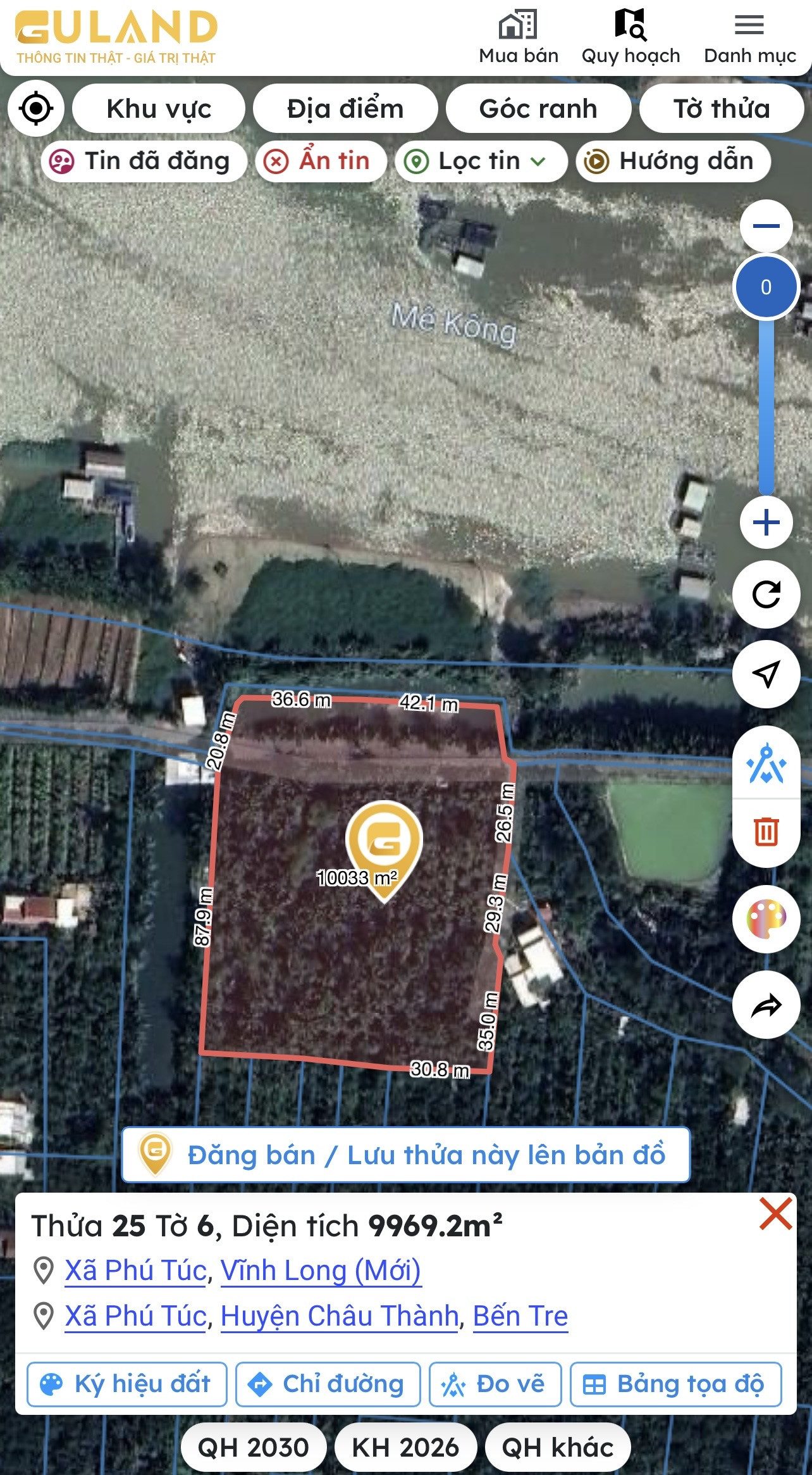Bán đất 9969 m² Phú Túc, Châu Thành, Bến Tre 2 mặt tiền đường, 1 mặt tiền Sông Mekong