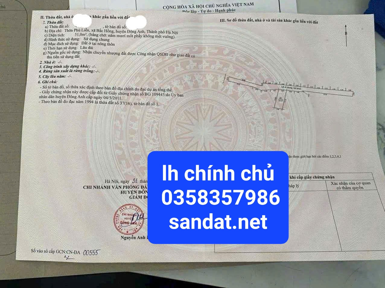 Bán đất 51m² ngang 4.16m giá 2.85 tỷ Xã Phúc Thịnh