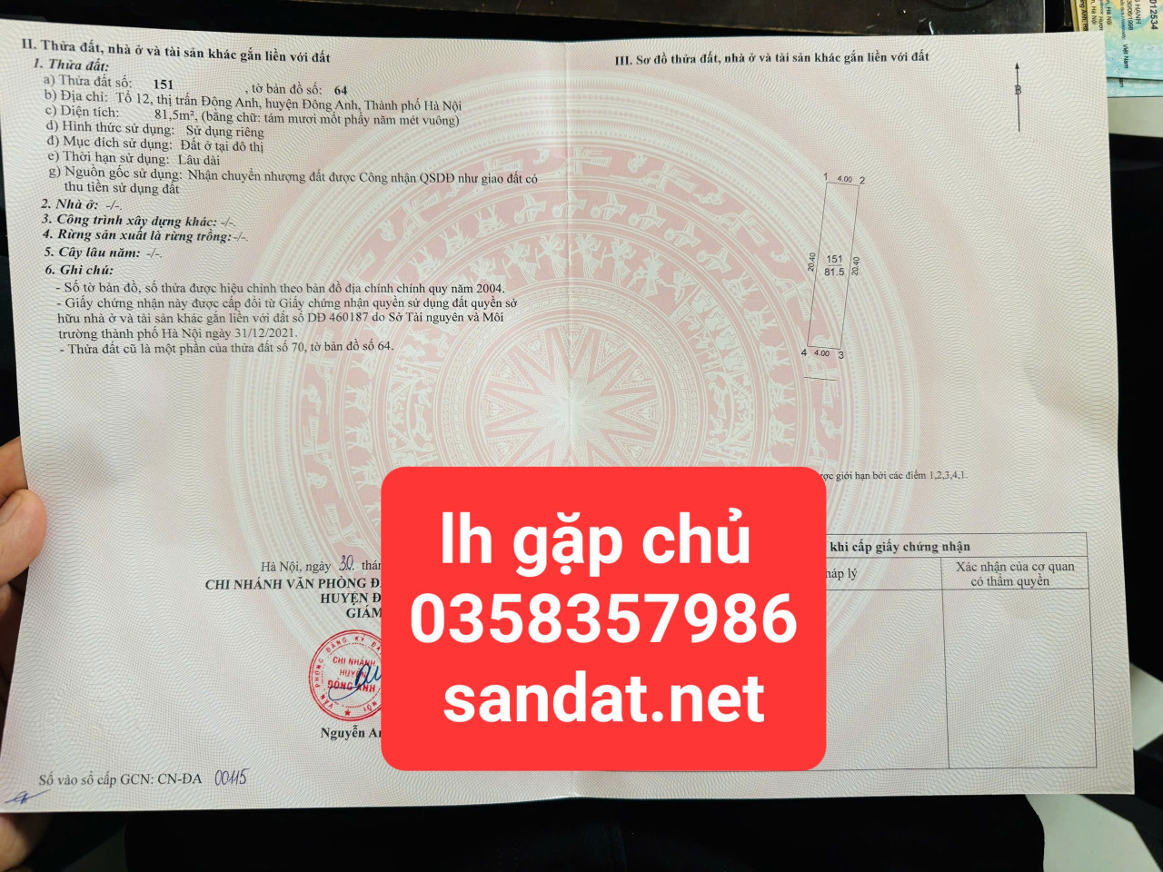 Bán đất 81.5m² ngang 4m giá 6.52 tỷ Xã Phúc Thịnh