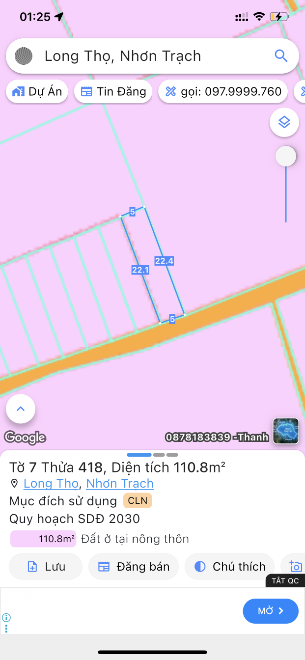 Bán đất 110.9m² giá 1.85 tỷ Xã Phước An